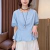 1116 Summer New Design Sense Foreign Style Waist Thin Doll Shirt Pleated Bubble Sleeves Thin Shirt Women