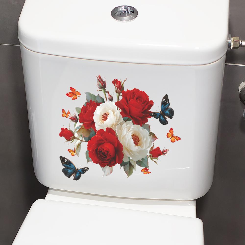 Hand Painted Red and White Roses with Flying Butterflies Toilet Seat Sticker Bathroom Decor Self-Adhesive Removable Decal