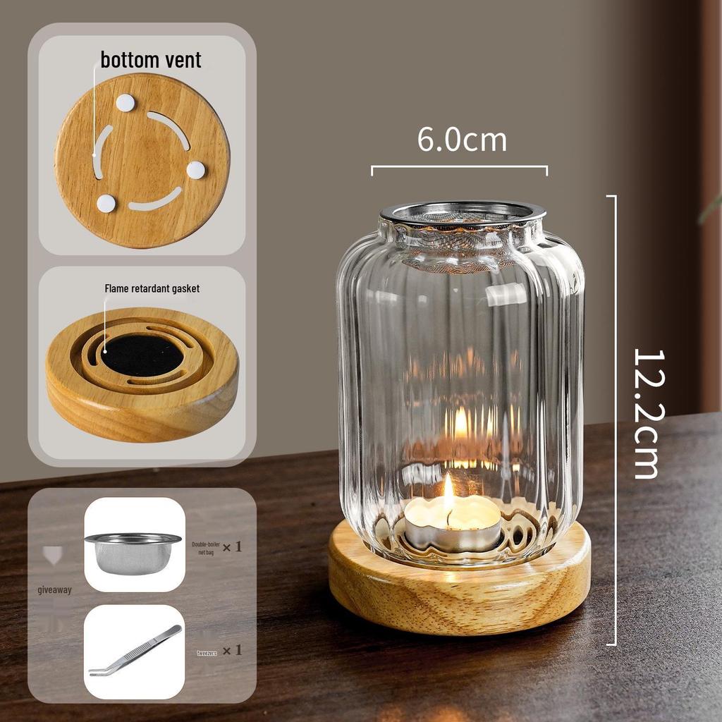 Solid Wood Glass Atmosphere Lamp & Candle Holder with High Transparency Incense Burner for Wax