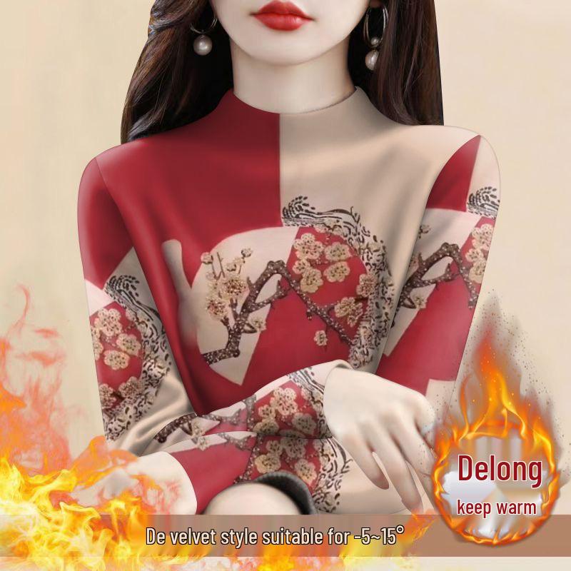 Women's Plus Size Fleece Lined Semi-High Neck Long Sleeve T-Shirt