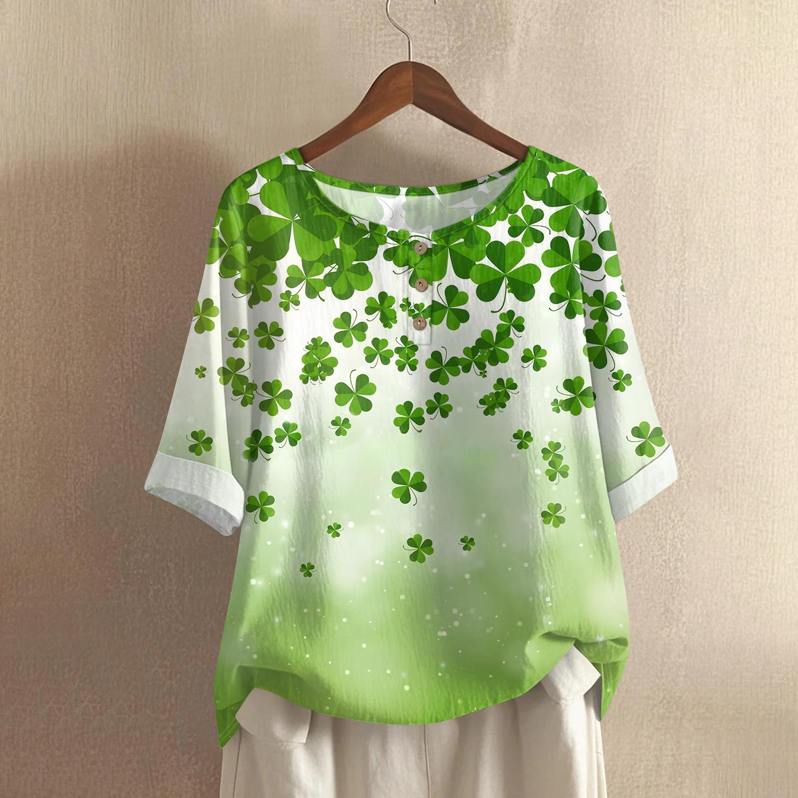 

Women s Casual Mid-Sleeve Round Neck St. Patrick s Day Print Cotton-Linen Blend Top S