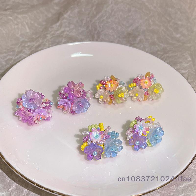 Embroidered Ball Flower Stud Earrings with Contrasting Resin for Stylish Women; Sweet Fashion Ear Jewelry