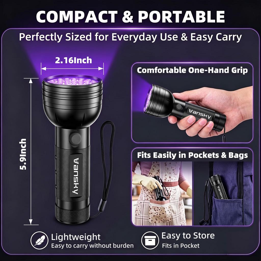 Vansky UV Flashlight Blacklight with 51 LEDs Pet Urine Detector for Dry Bed and Pet Odor Eliminator - Dog/Cat Urine, Stains, Bugs,