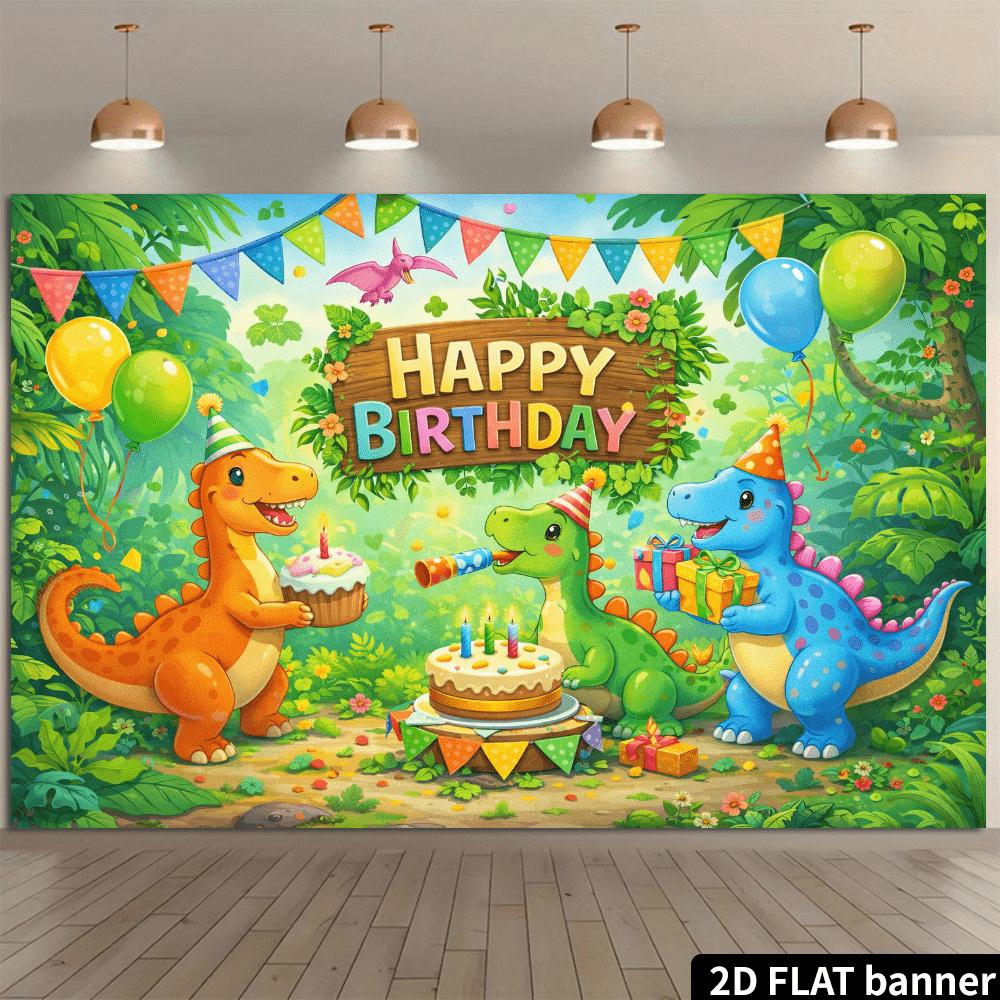 Pânză de fundal 2D plată, dintr-o singură bucată, pentru petrecerea de ziua de naștere cu dinozauri. Potrivit pentru petreceri interioare și exterioare. Decorativ pentru fotografie.