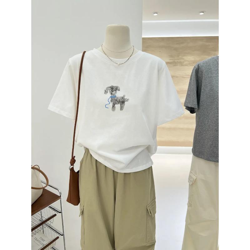 Graues Cartoon-Hund-Print Kurzarm-T-Shirt für Damen Sommer Neu Koreanisch Locker Vielseitig Reine Baumwolle Oberteil