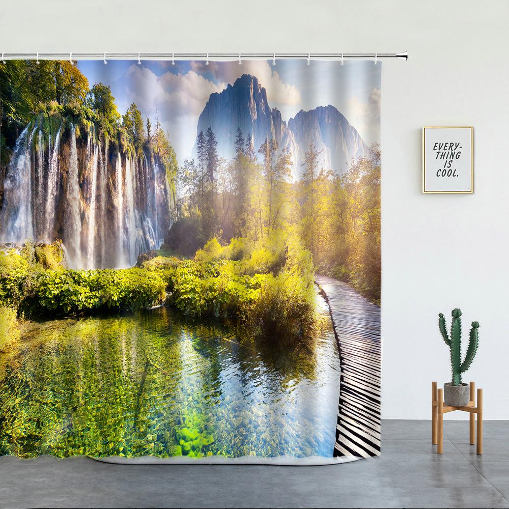Forest Waterfall Landscape Shower Curtains Tropical Rainforest Green Bamboo Mountain Printed Fabric Luxury Bathroom Decor Hooks