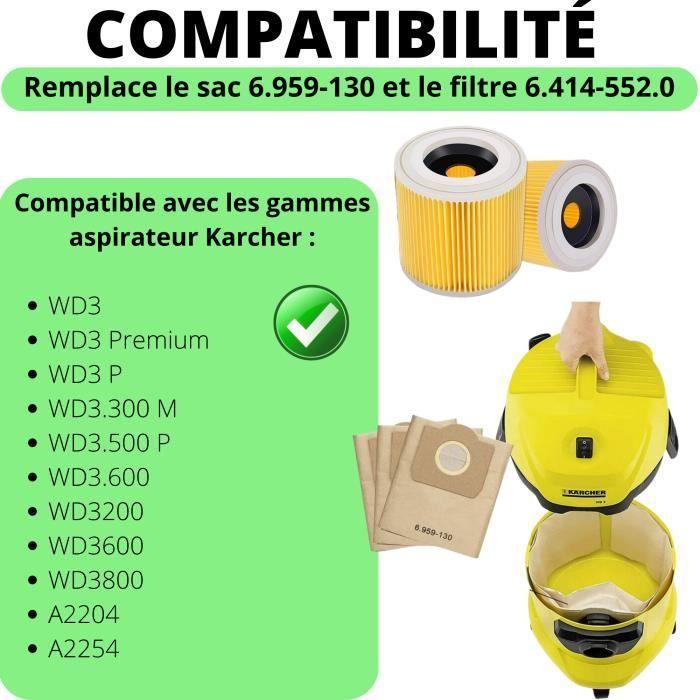 Sac aspirateur et Filtre pour Karcher WD3 Sacs remplacement 6.959-130 [Lot 10] Filtres remplacement 6.414-552.0 [Lot 2] Phonillico®