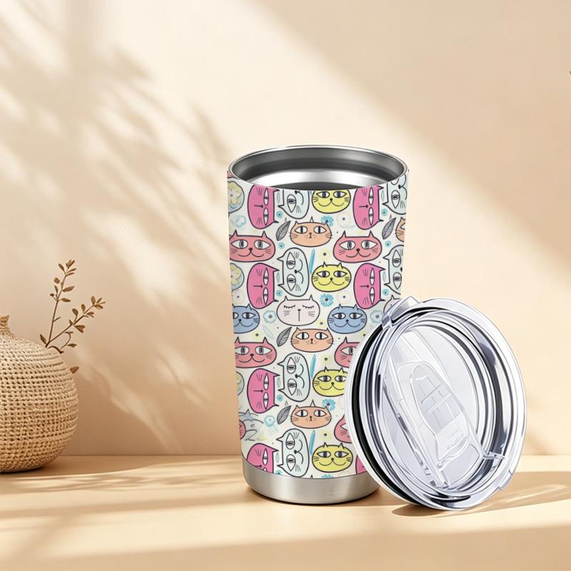 Car Tumbler 591ml Cat Avatar Floral Element Straw Cup Hot Cold Cup 20oz Car Straw Cup Straight Tumbler Insulated Travel Cup