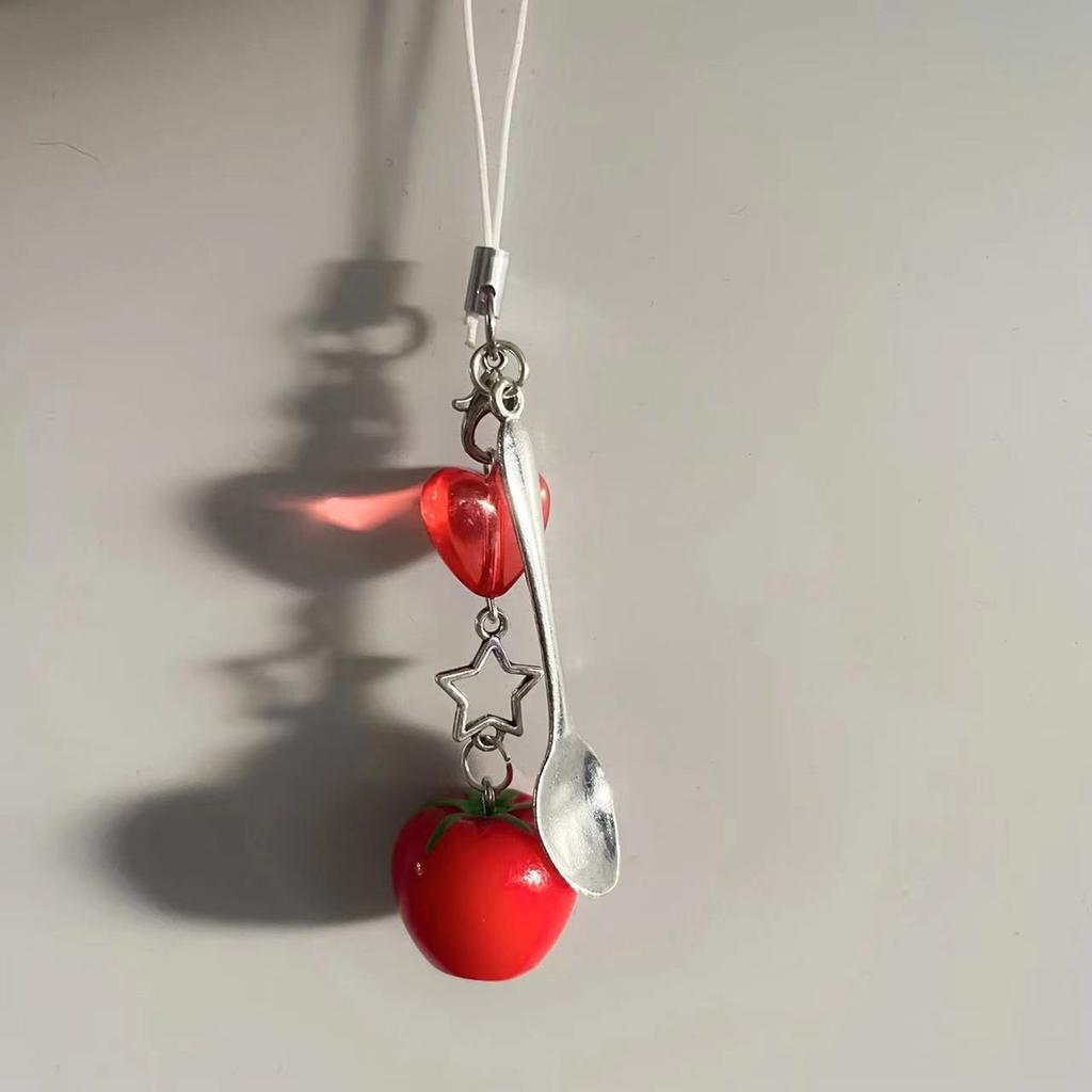 Creative Tomato/Fork/Spoon Bag Charm Colorful Resin Beaded Keychain Pendant Versatile Purse Accessory Gift for Women