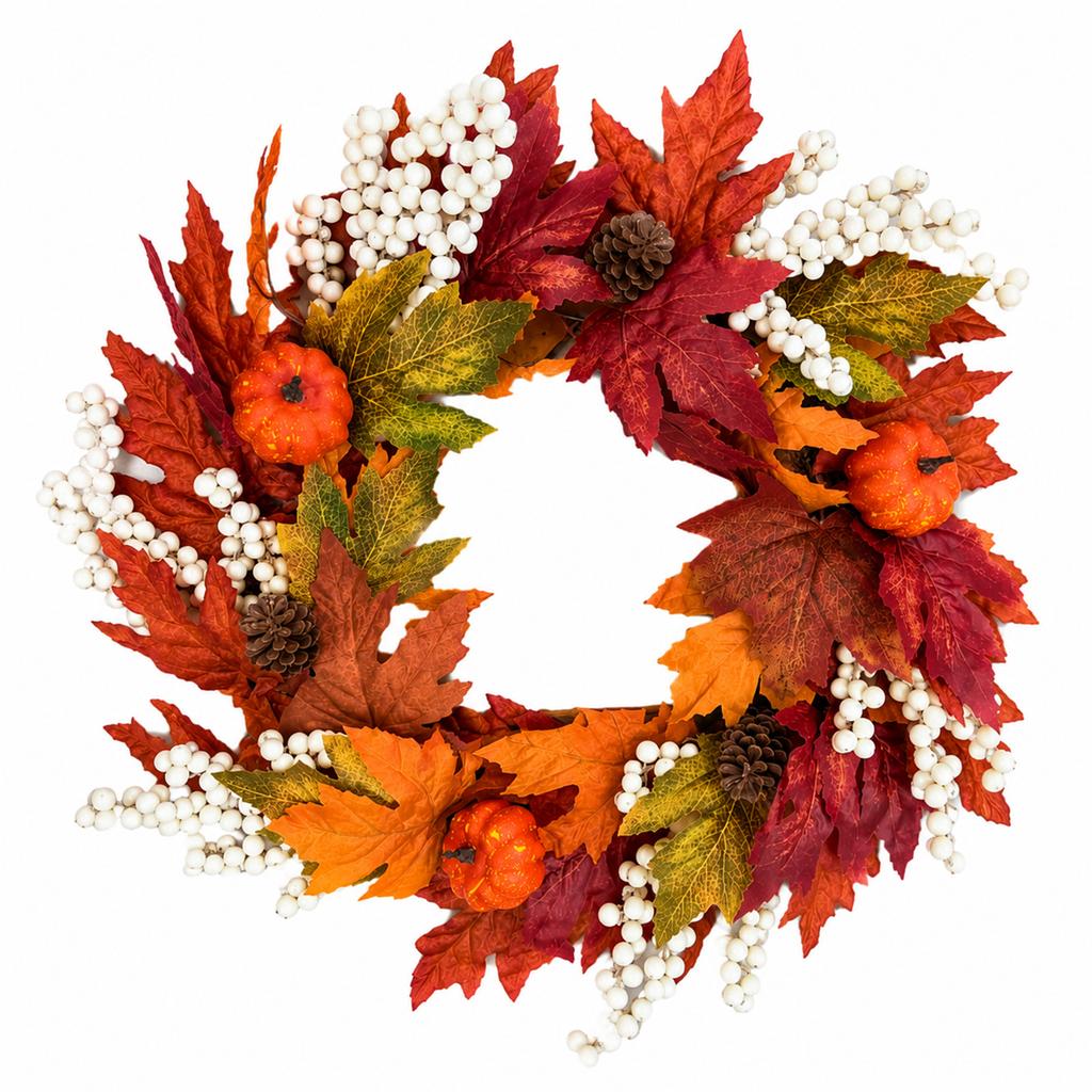 Couronne d'automne en feuilles d'érable de 60 cm pour porte d'entrée avec baies artificielles, citrouilles et pommes de pin pour décoration saisonnière de la maison