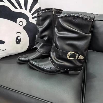 New Gothic Cowgirls Western Boots For Women Pointed Toe Rivet Buckles Chunky Heels Vintage Women Mid-Calf Boots