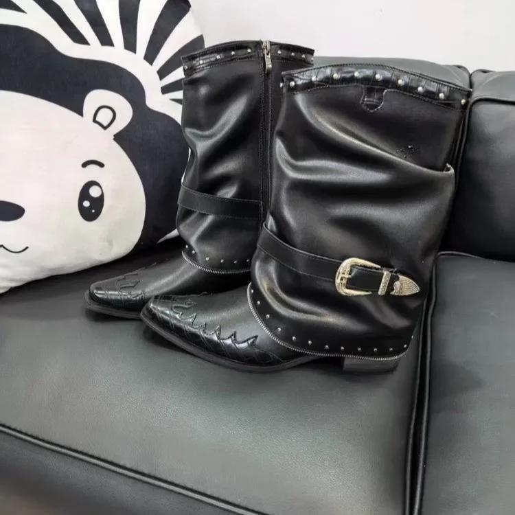 2025 New Gothic Cowgirls Western Boots For Women Pointed Toe Rivet Buckles Chunky Heels Vintage Women Mid-Calf Boots