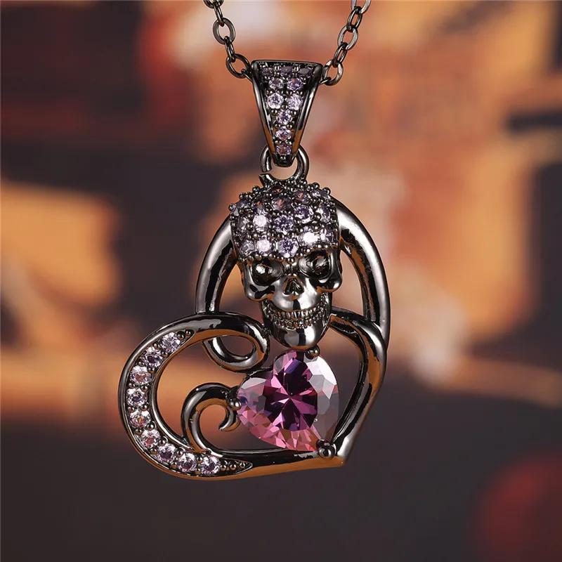 Halloween hodeskalle hjerteform anheng halskjede for kvinner Utsøkt innlagt zirkon svart gull farge kjede halskjede smykker personlig gave