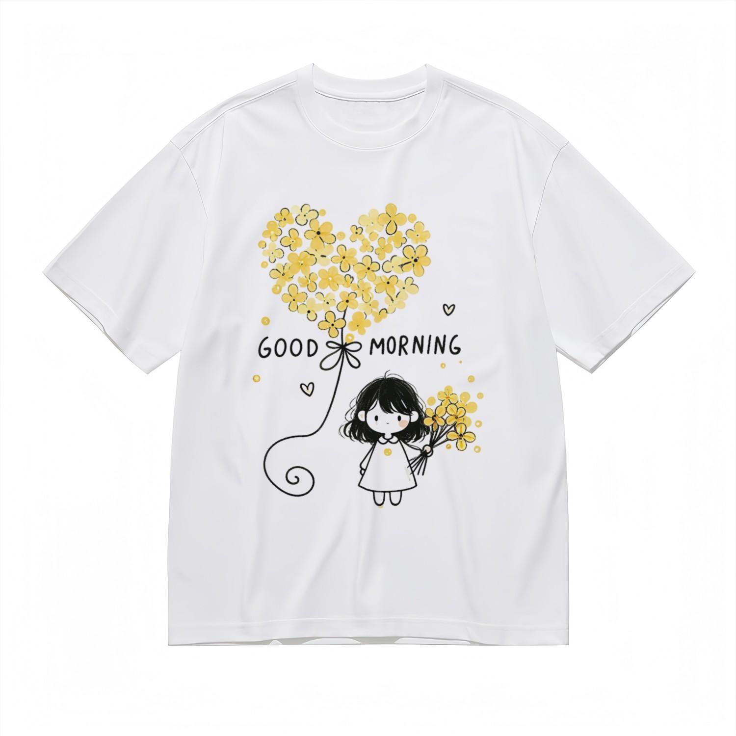 Women s Fashion Breathable Classic T-Shirt Mens Womens Tees Top Floral Bouquet Good Morning Art Tee L