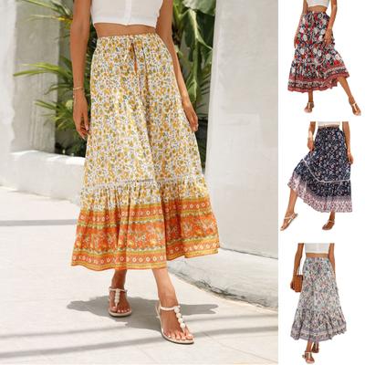 Women's Smocked Floral Maxi Skirts Summer Tube Dresses  Long A Line Pleated Beach Skirt