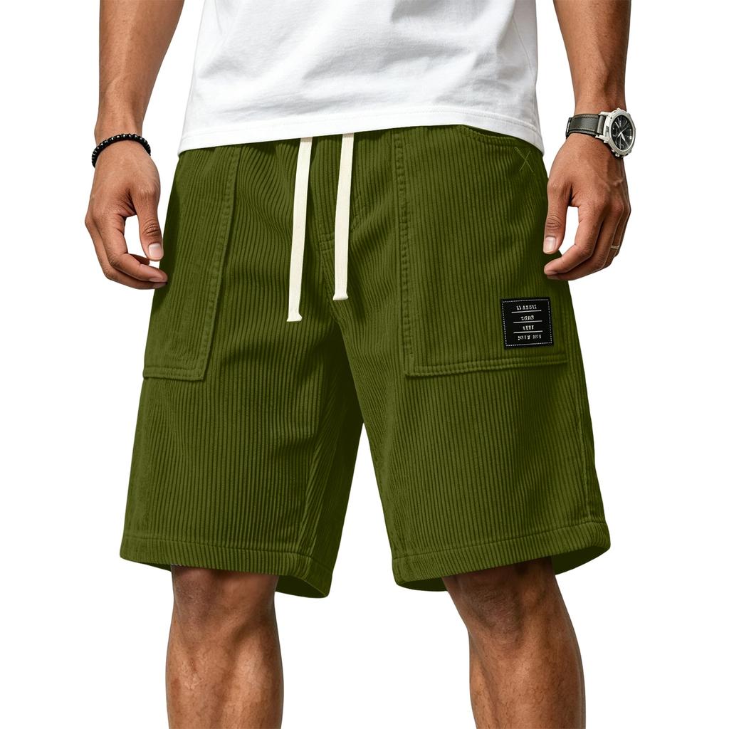 Men's Casual Corduroy Drawstring Shorts with Patch Pockets and Adjustable Waistband Comfortable Fit for Everyday Wear