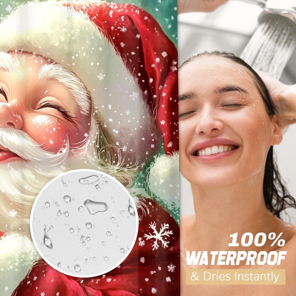 4Pcs Cute Santa Claus & Snow Shower Curtain Set with Non-Slip Bath Mat, Toilet Lid Cover, Contour Rug & 12 Hooks, Bathroom Decor
