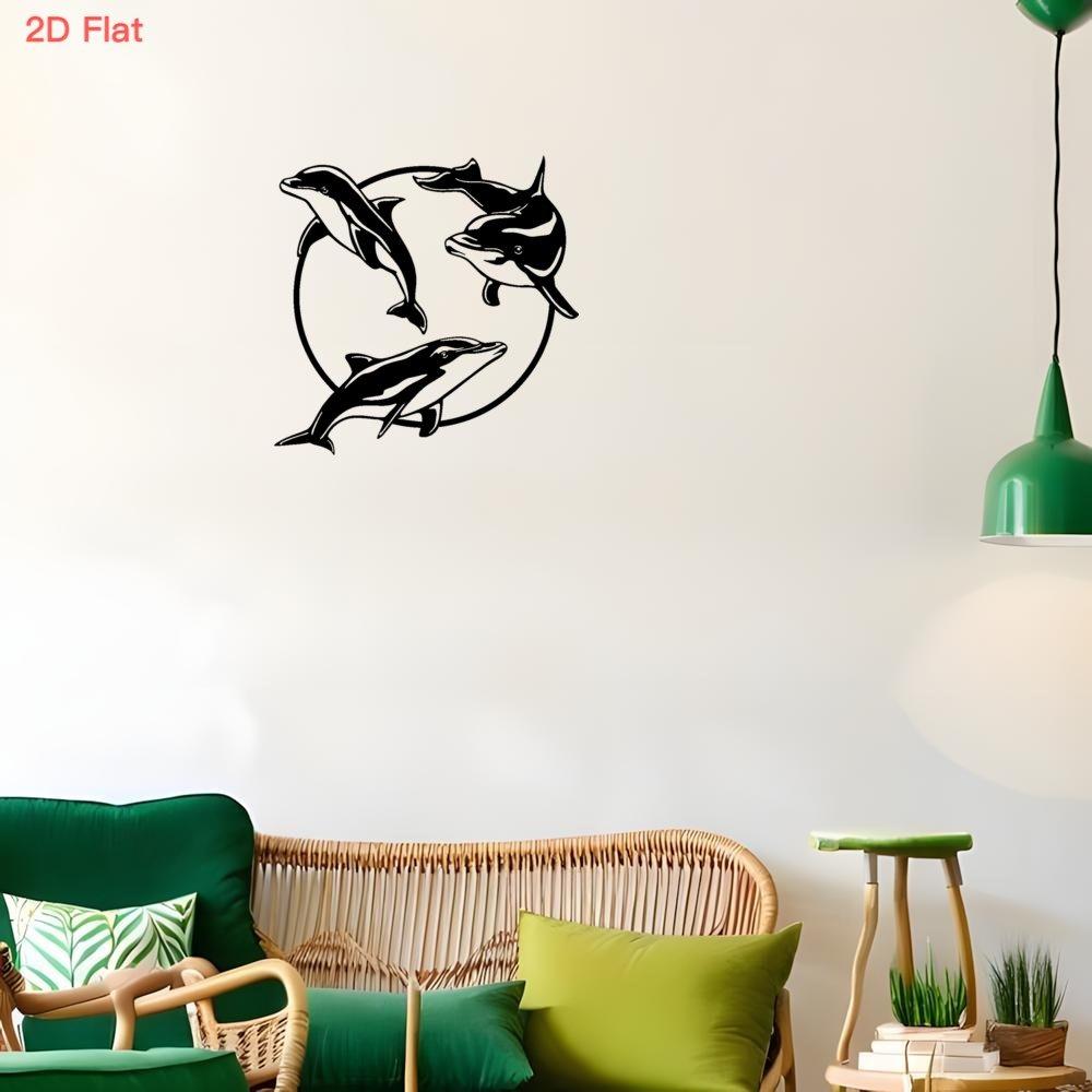 Arte da Parete in Metallo Cerchio Tre Delfini Piatto 2D Ferro Battuto Nero Taglio Laser Decorazione Carina Tema Costiero Oceano Casa