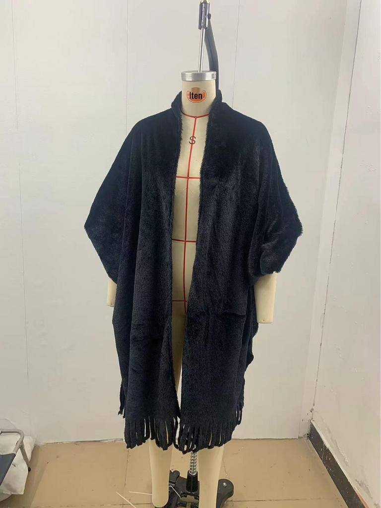 2024 Autumn/Winter Women's Imitation Mink Velvet Tassel Shawl Cloak - Thick, Warm, Solid Color.