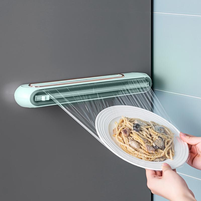 Dávkovač s řezačkou fólie, dávkovač strečové fólie s přísavkou, opakovaně použitelný plastový řezač fólie pro potravinářskou fólii, kuchyně, restaurace