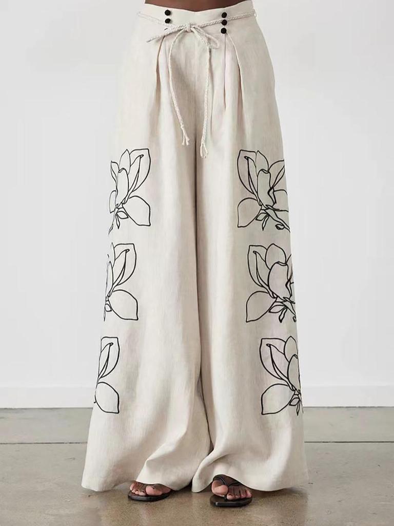 High-End Fashionable Cotton Linen Embroidery Wide-Leg Pants Suit for Women