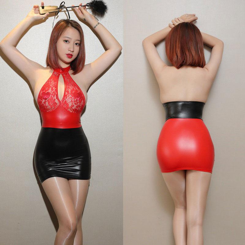 Sexy Women Lace Hollow Out Sexy Dress Deep V-Neck Tight Pencil Dress Backless Tights Micro Mini Dress Pu Patchwork Maid Dress