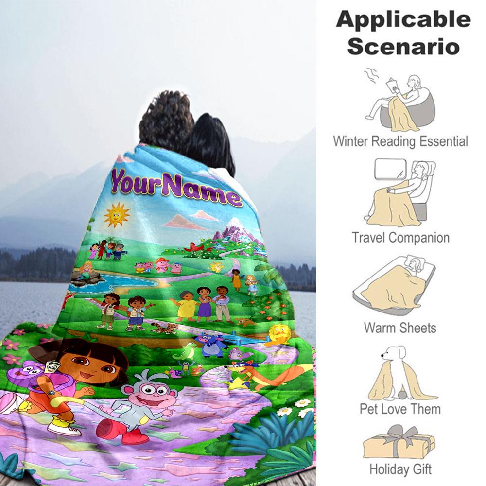 Dora Explorer Personalized Name Blanket Throw Customizable Blanket Ultra-Soft Throw For Home Decor Living Room Sofa Couch All-Season Use