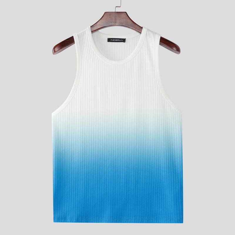 

INCERUN Summer Men O Neck Sleeveless Gradient Casual Ribbed Tank Tops 5XL синий