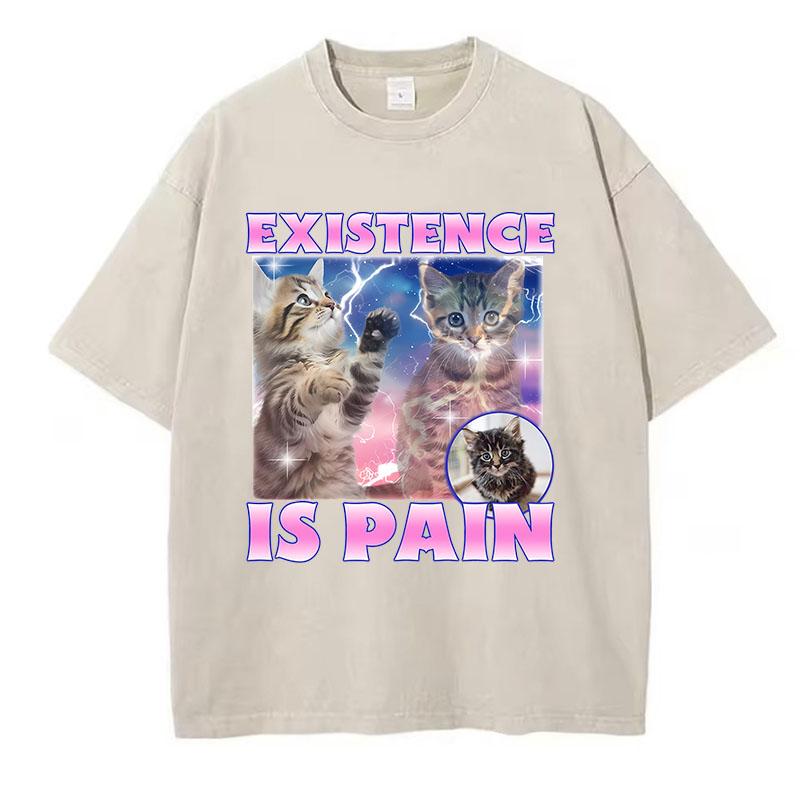 

Existence Is Pain Cat T Shirt Vintage Washed Cotton T-Shirt Graphic Tee Casual Streetwear for Spring Summer Fall 3XL