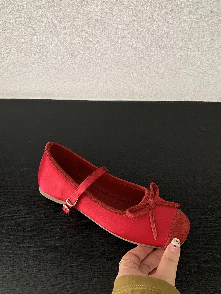Bow-knot Mary Janes Women's Shoes Height Increasing 2025 Spring New Buckle Strap Ballet Dance Shoes Round Toe Comfortable Flats