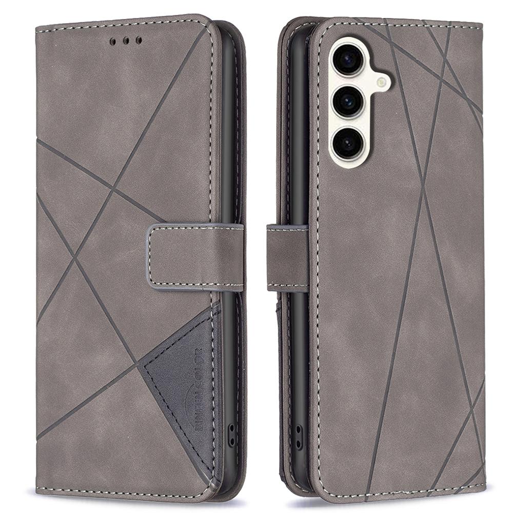

BINFEN COLOR For Samsung Galaxy S24 FE Phone Cases Wallet Stand Geometry Imprinted Leather Cover Grey
