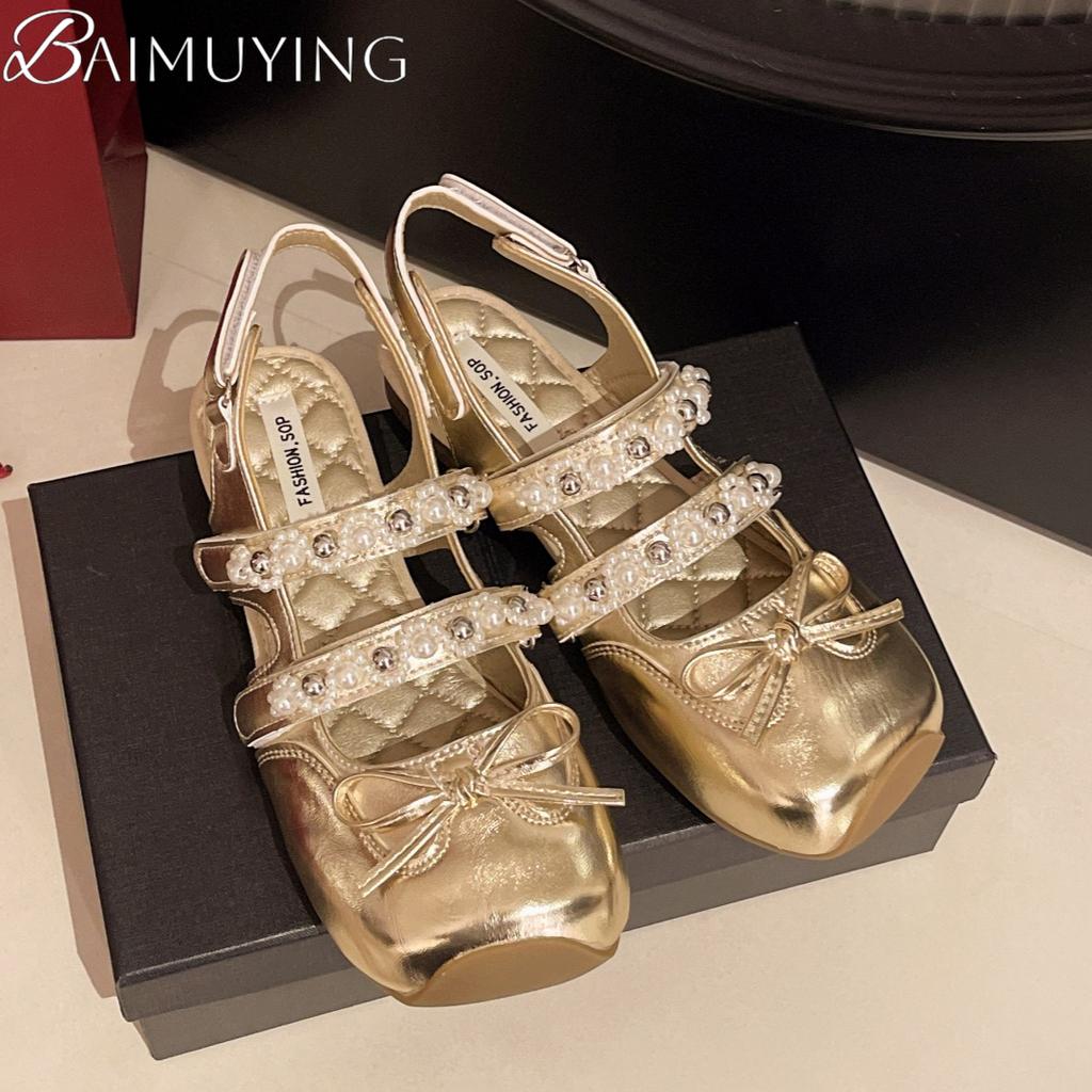 Fashion Bow Square Toe Flat Sandals Women Bead Mary Jane Shoes Woman Casual Summer 2025 Trend Shallow Dress Loafers Elegant Sandalias