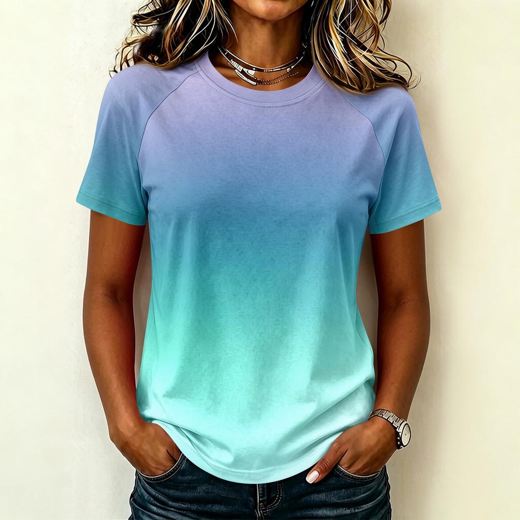 Damen Casual Raglanärmel Rundhals Kurzarm T-Shirt Farbverlauf Druck Leichtes Sommer Oberteil