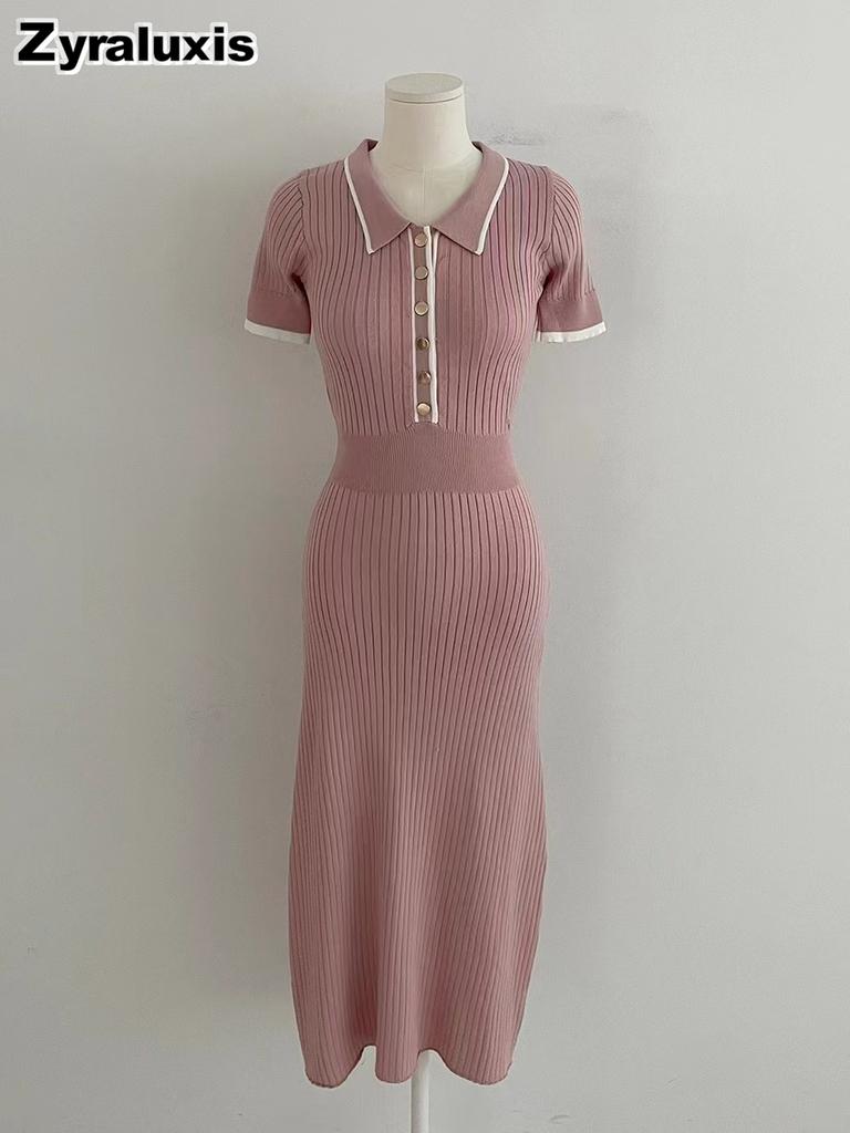 Korean Chic Retro Polka Dot Elastic Slim Fit High-Waisted Knit Bodycon Dress