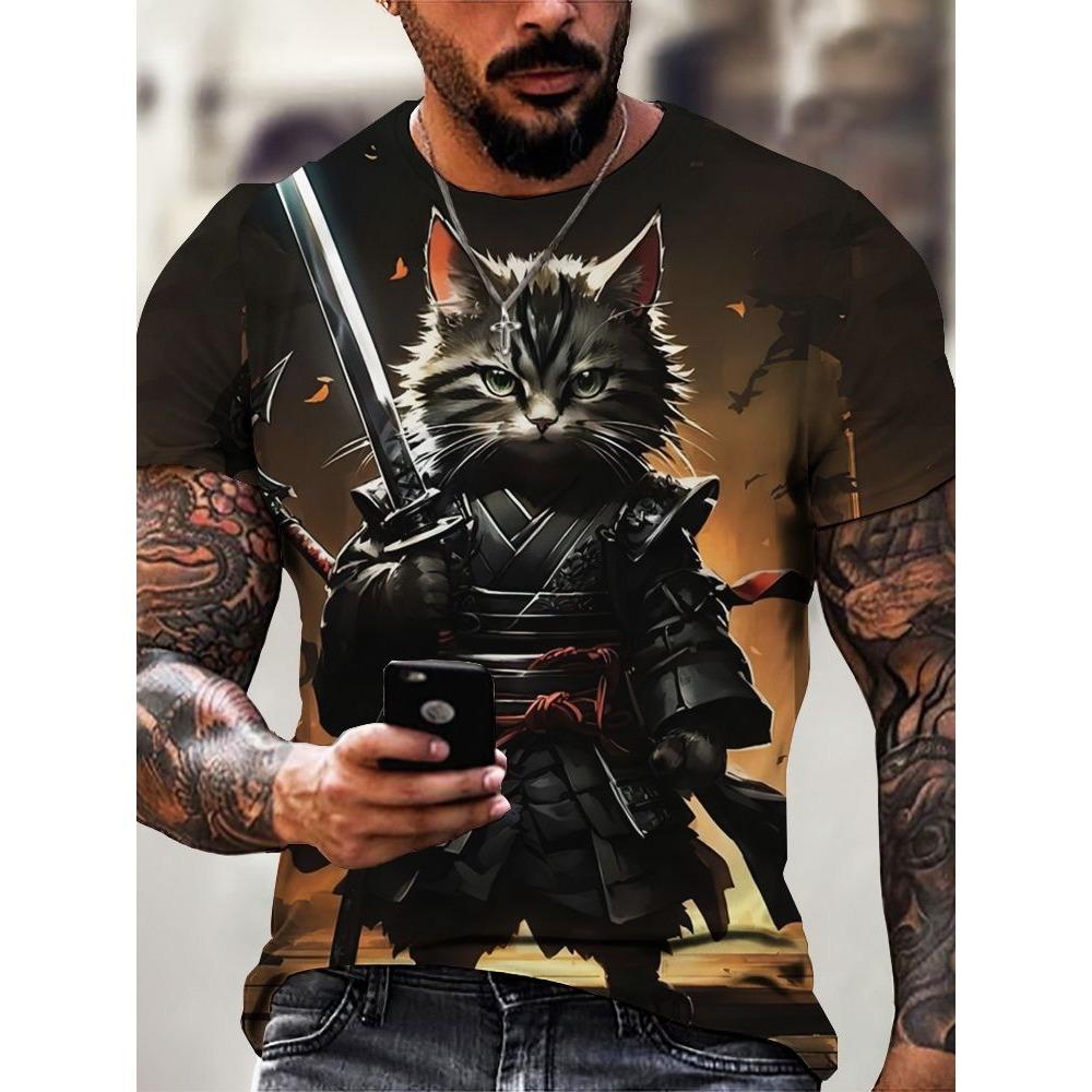 Japan Style Men's T-shirts 3D Samurai Cat Theme Print Short Sleeve T Shirts Fashion Men Women Crew Neck Tops Summer Clothing