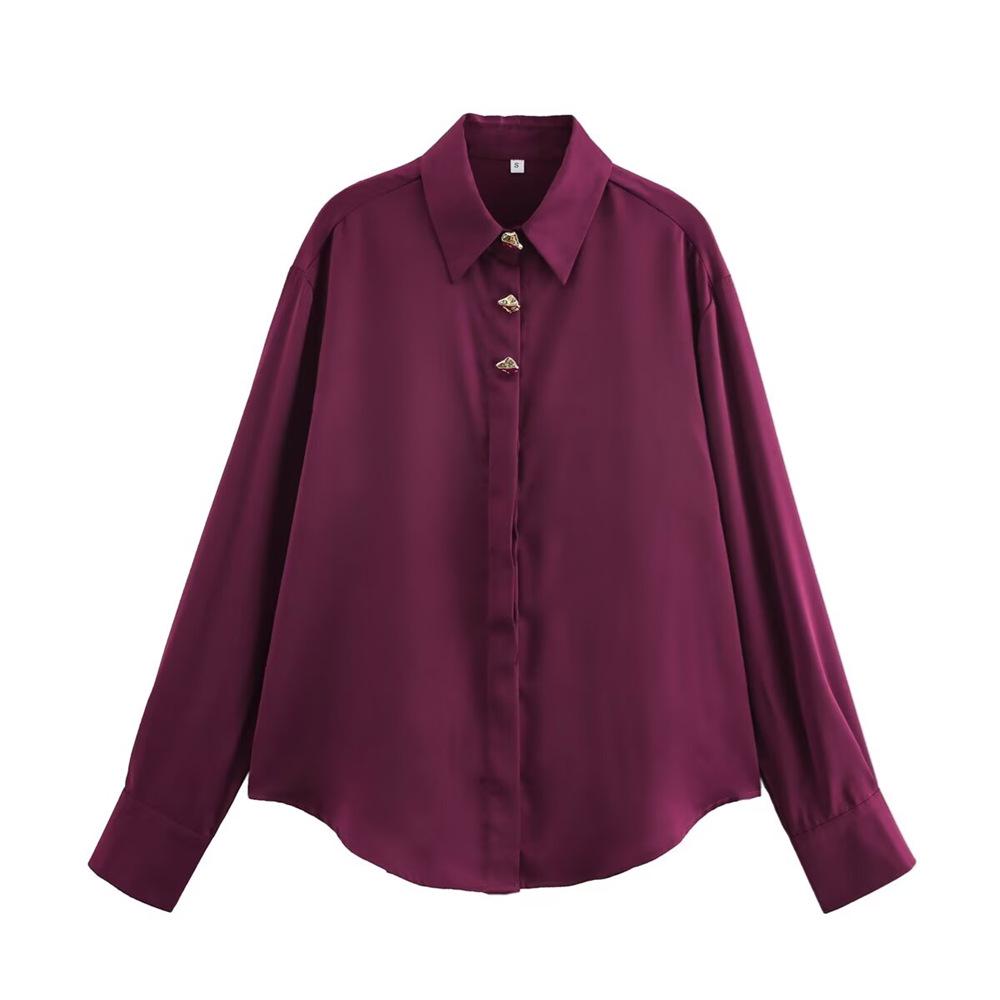 

2025 Spring Women s Elegant Silk Satin Shirt with Gold Button Accents Small