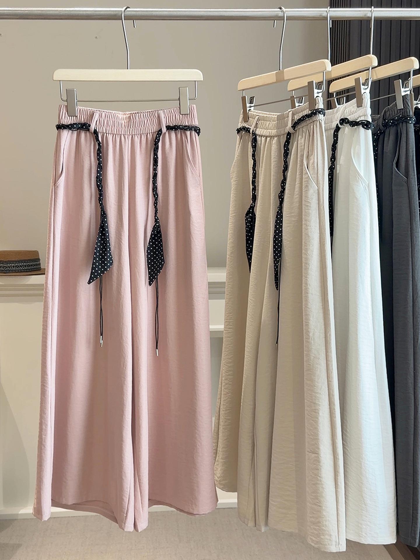 Women s French Retro Tencel Cotton Wide-Leg Pants with Silk Scarf Belt Large