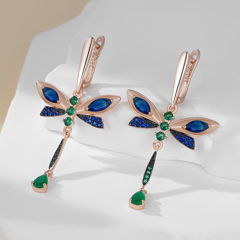 Blaue Natürliche Zirkon Libellen Hängeohrringe für Frauen Roségold und Schwarzgold Farbe Vintage Täglicher Feinschmuck