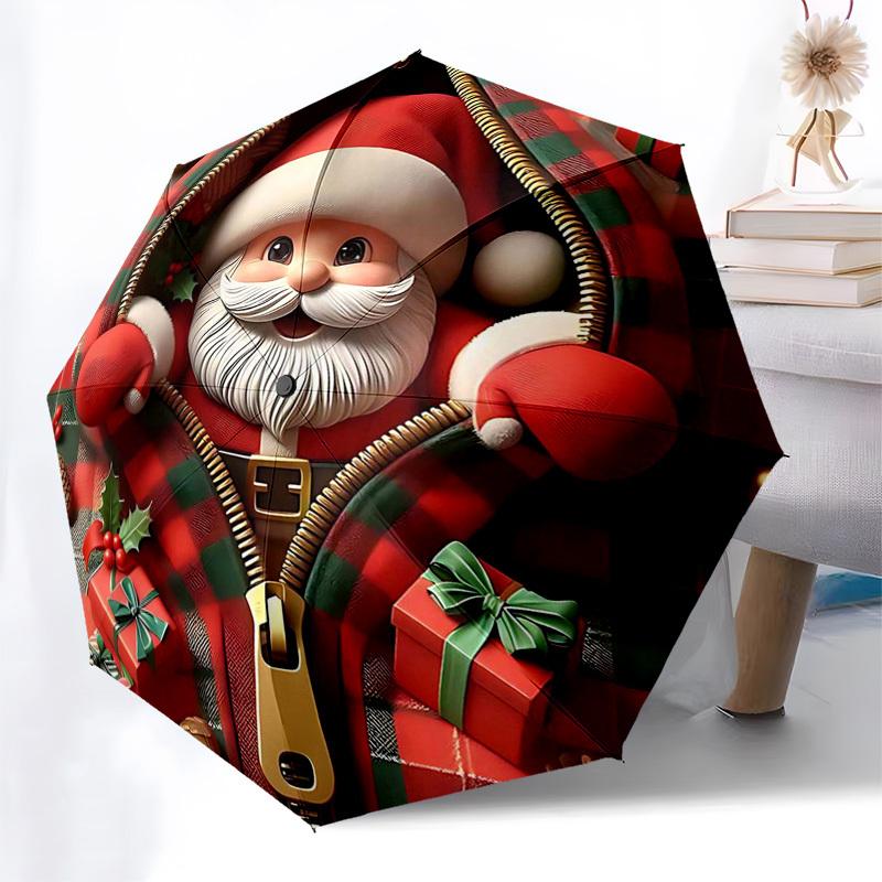 

1pc Plaid Zipper Santa Claus Design Automatic Opening Umbrella, Portable Tri-Fold Design with 8-Bone Iron Frame, Perfect for Outdoor Use, Festive Gift