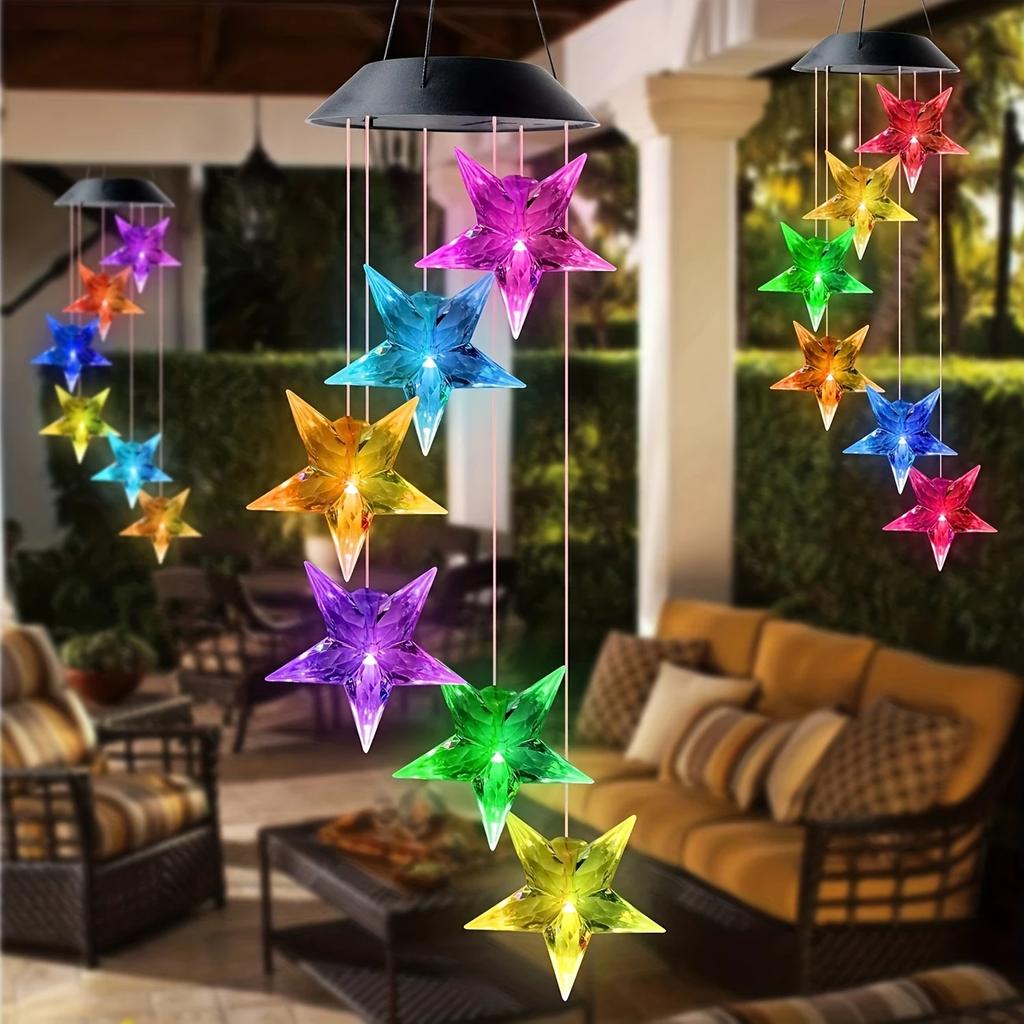 1pc Star/Moon Shaped Wind Chime With Solar LED Light Outdoor Balcony Colorful Hanging Lamps For Home Garden Yard Walkway Decor