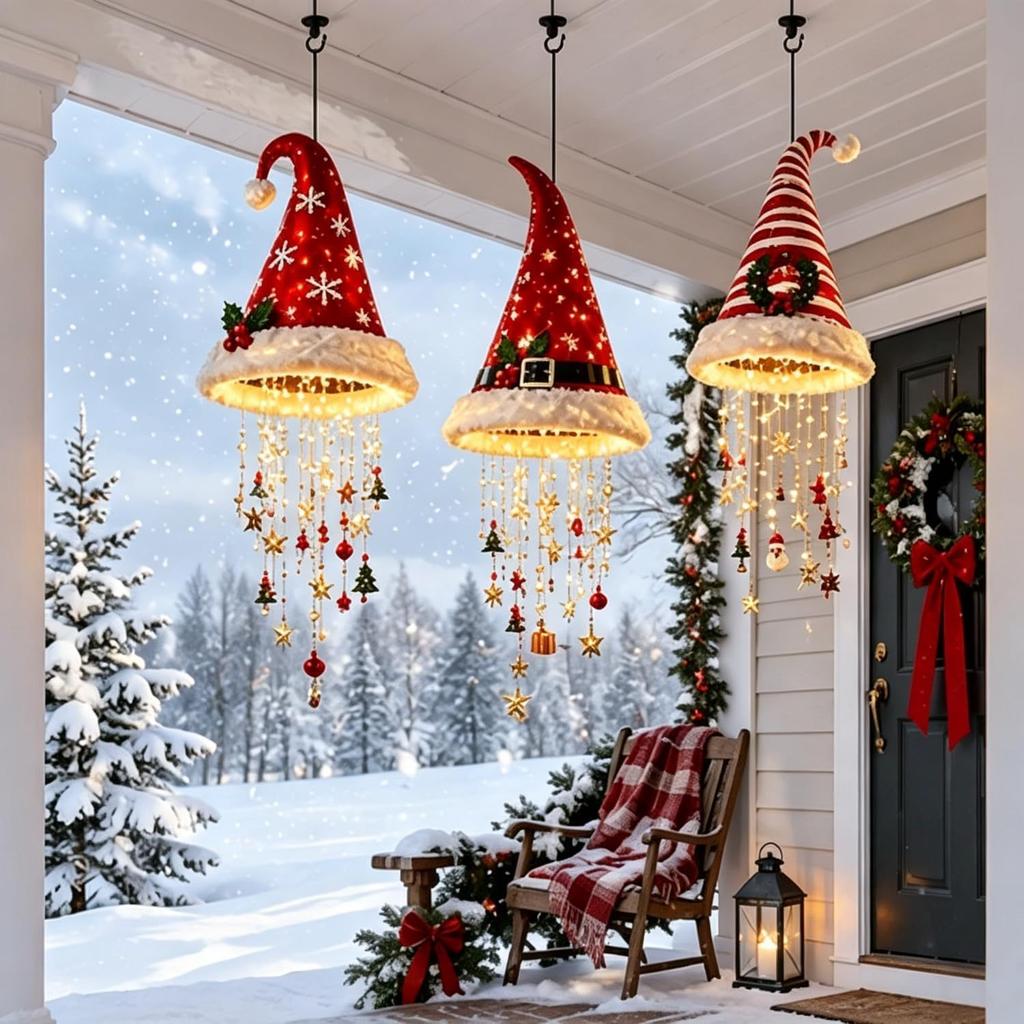 LED Santa Hat Hanging Light Christmas Hat Pendant Lamp With Tassel Bell Star Ornaments Xmas New Year Party Decor 2027