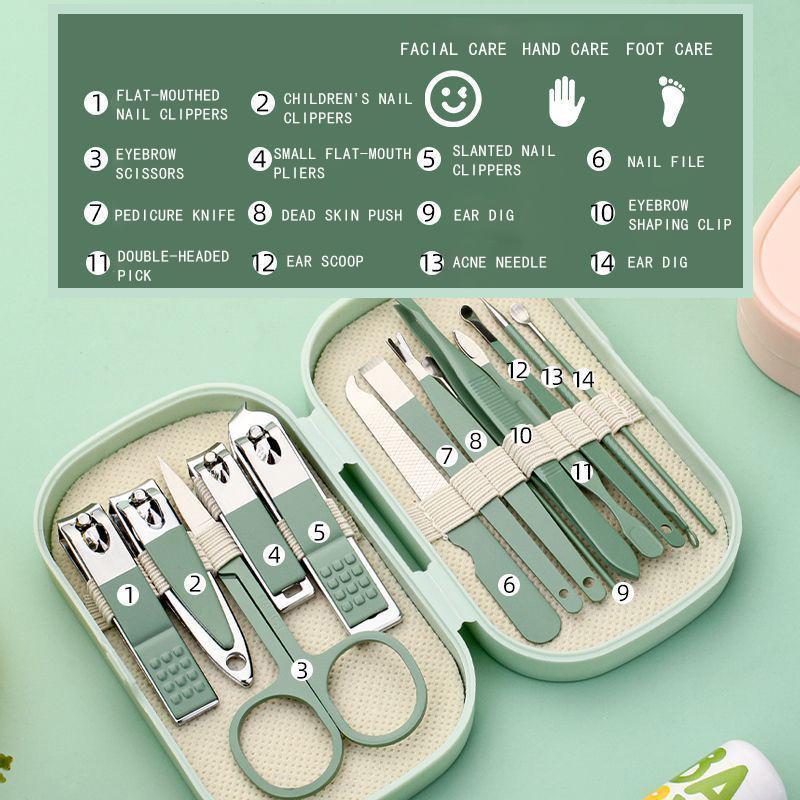 Luxury Beauty Nail Clipper Set 14-Piece Carbon Steel Durable Portable Manicure Tools Custom Logo Plastic Box for Women Nail Art