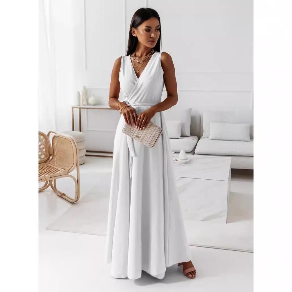 2023 Summer Solid Color V-Neck Long Evening Dress