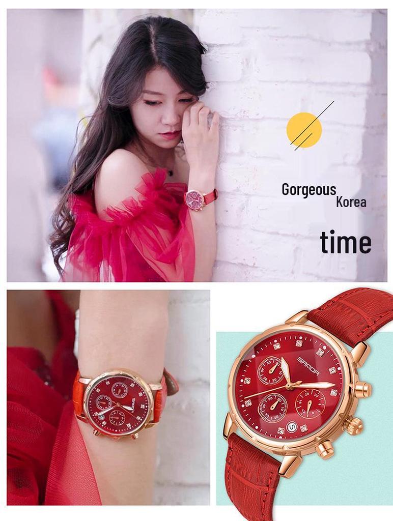 Sanda Women's Trendy Korean Style Casual Watch with Small Seconds, Inlaid Diamonds, and Waterproof Leather Strap