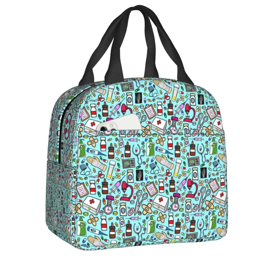 Nurse Tool Pattern Insulated Lunch Tote Bag for Women Nursing Resuable Thermal Cooler Food Lunch Box Work School Travel