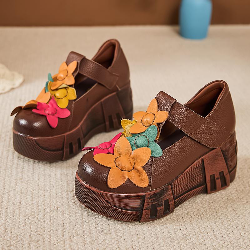 Fashion GKTINOO 2025 Spring Ethnic Flowers Women Pumps Genuine Leather Shoes Wedges Heels Shoes Thick Sole Casual Ladies Platform Shoes
