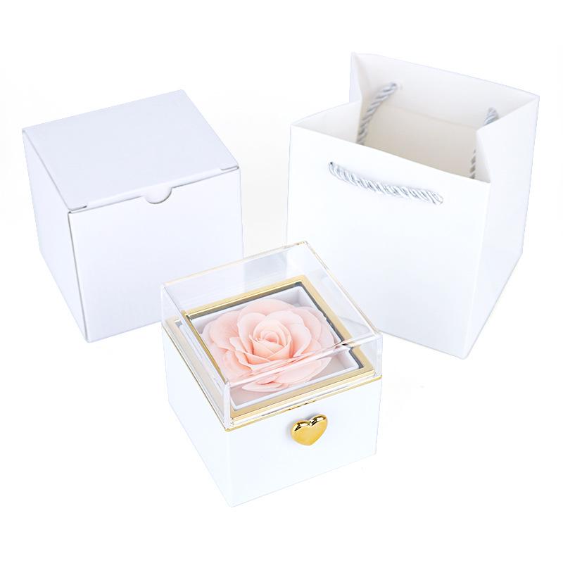 Luxury Rotating Acrylic Jewelry Box with Preserved Rose, Teddy Bear, and Birthday Cake Design