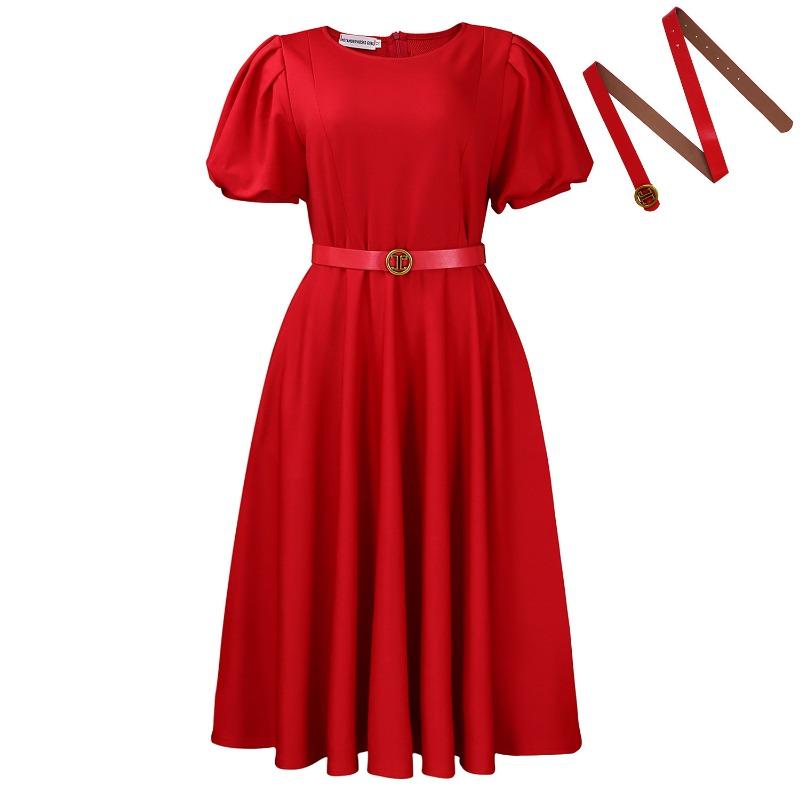 Women's summer fashion bubble sleeves elegant high waist solid color round neck large skirt dress