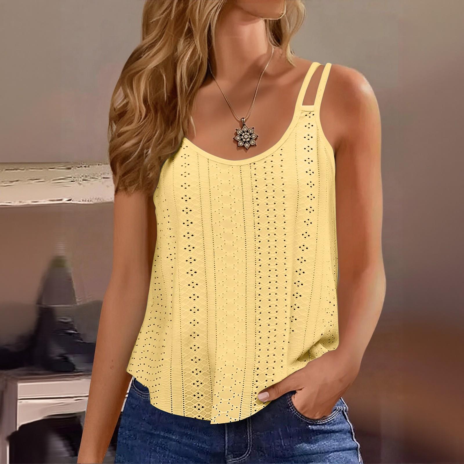 

Women s Solid Color Top Mesh Hollowed Out Sleeveless Vest T-shirt XL жовтий