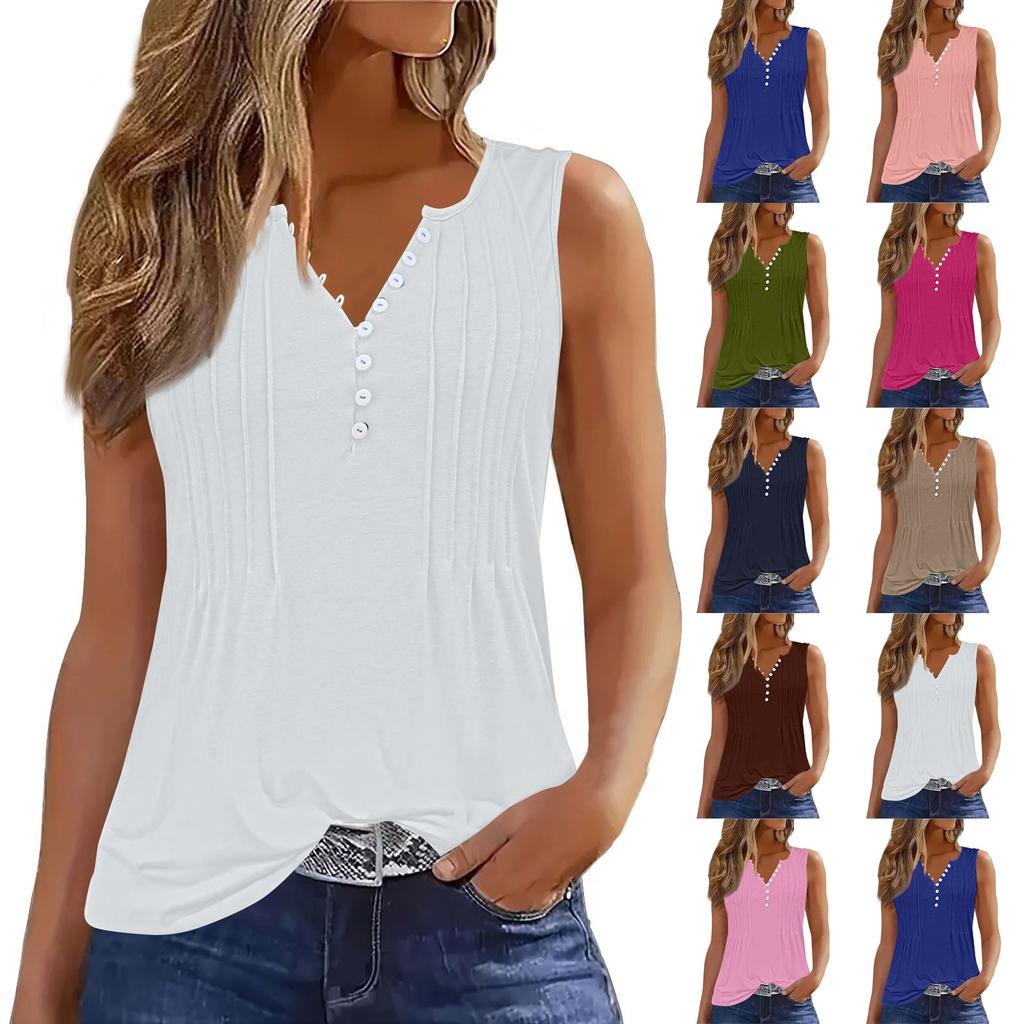 Women's Solid Color Casual Loose Pleated Shirt V Collar Button-down T-shirt Shirt Sleeveless Vest Top